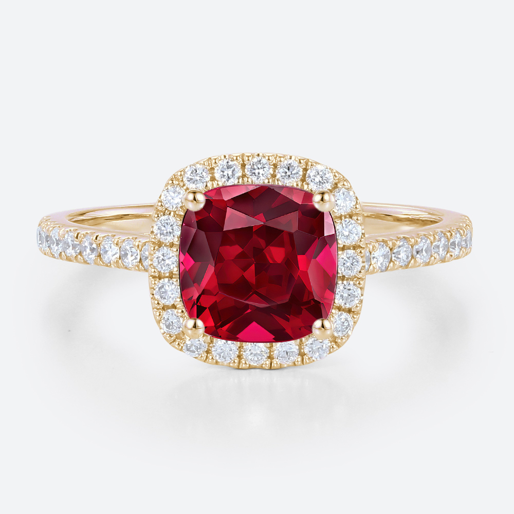 Yellow Gold Cushion Cut Lab Grown Ruby Ring 1ct Classic Halo Bridal Ring