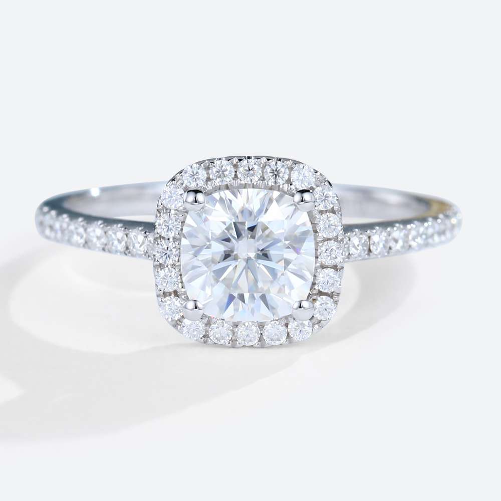 Cushion Cut Moissanite Ring White Gold Halo Engagement Rings
