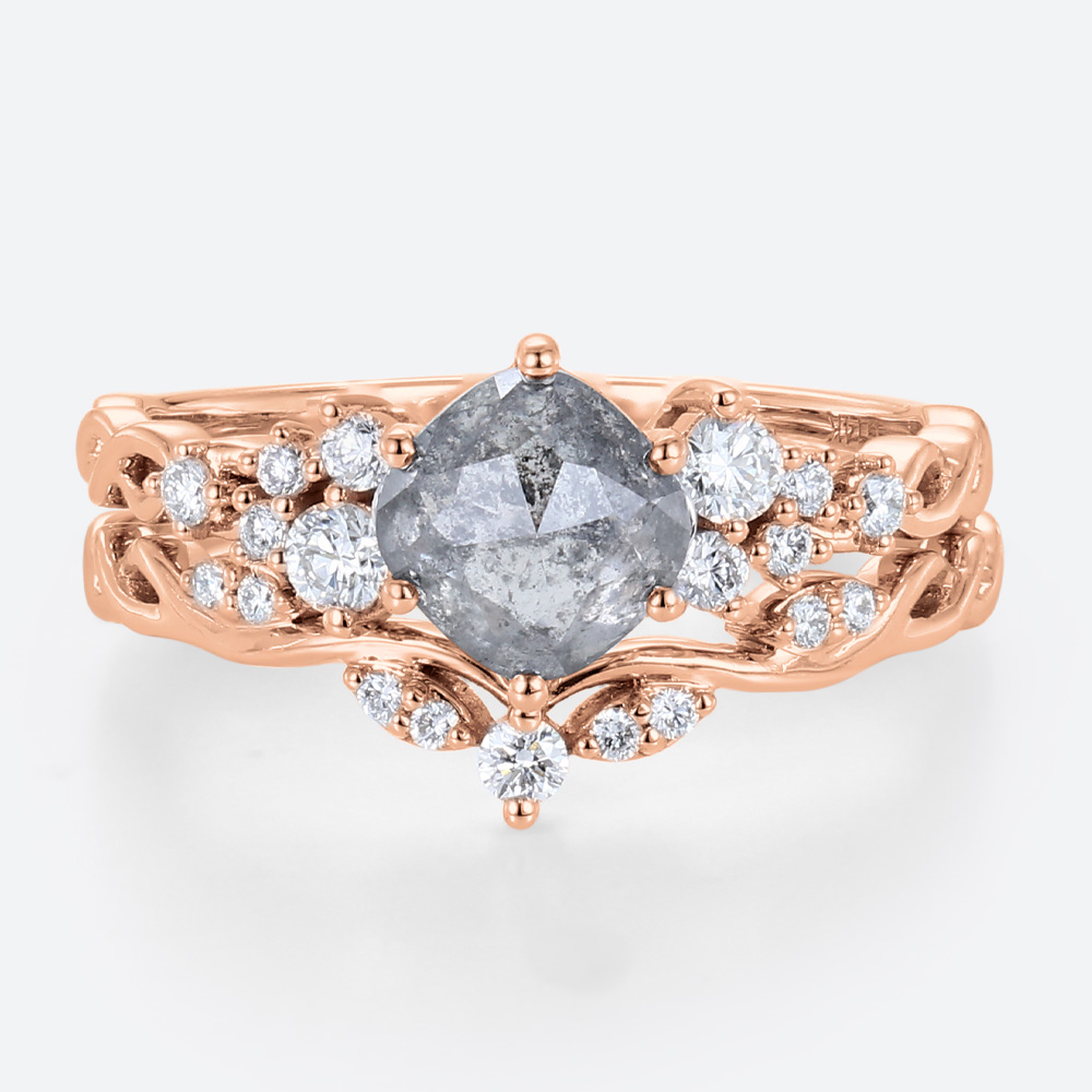 Cushion Cut Wedding Rings Salt and Pepper Diamonds Ring Set