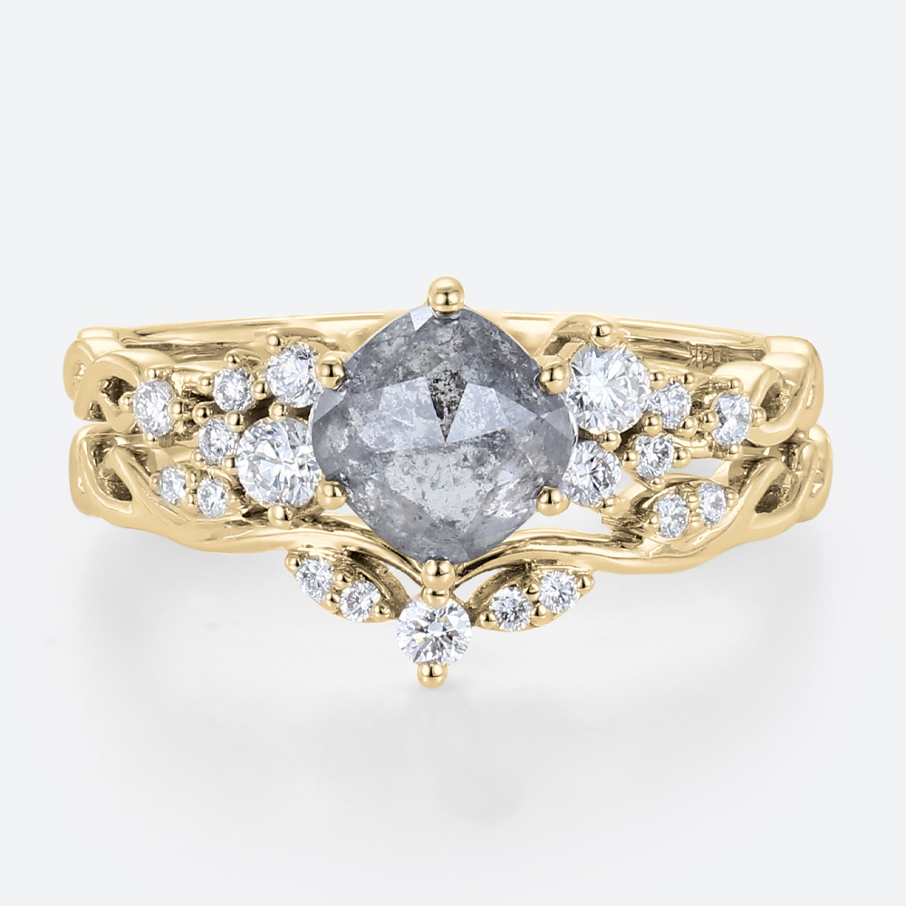 Cushion Cut Wedding Rings Salt and Pepper Diamonds Ring Set