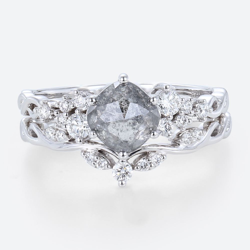 Cushion Cut Wedding Rings Salt and Pepper Diamonds Ring Set