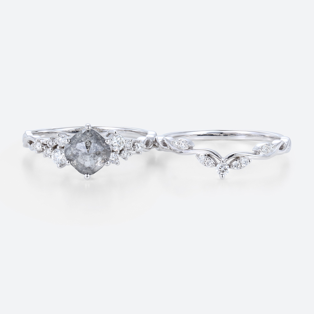 Cushion Cut Wedding Rings Salt and Pepper Diamonds Ring Set