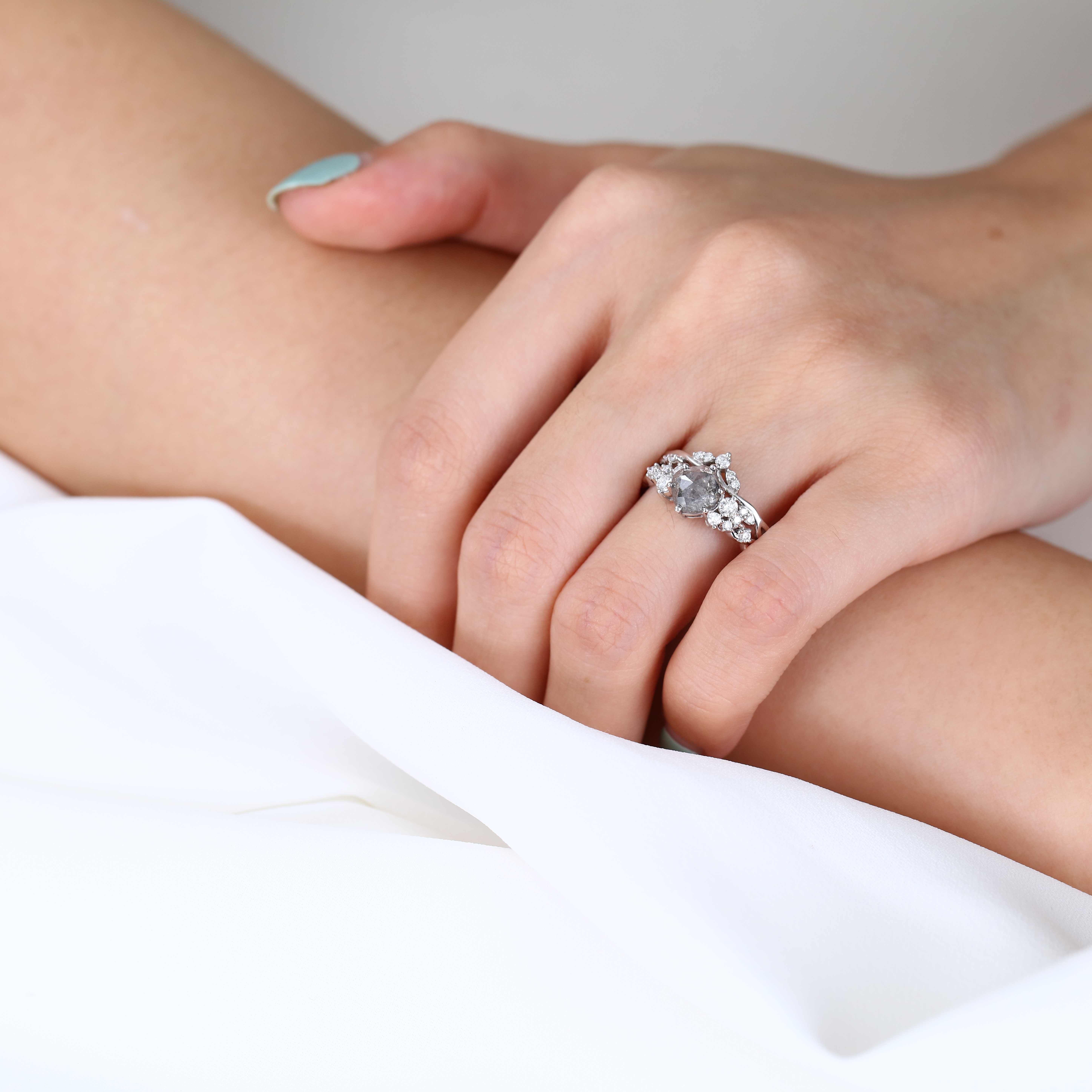 Cushion Cut Wedding Rings Salt and Pepper Diamonds Ring Set