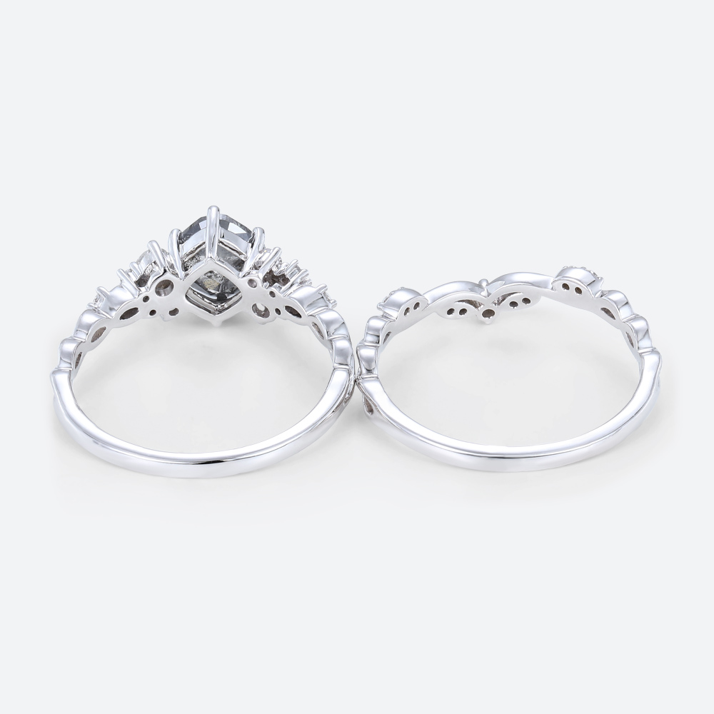 Cushion Cut Wedding Rings Salt and Pepper Diamonds Ring Set