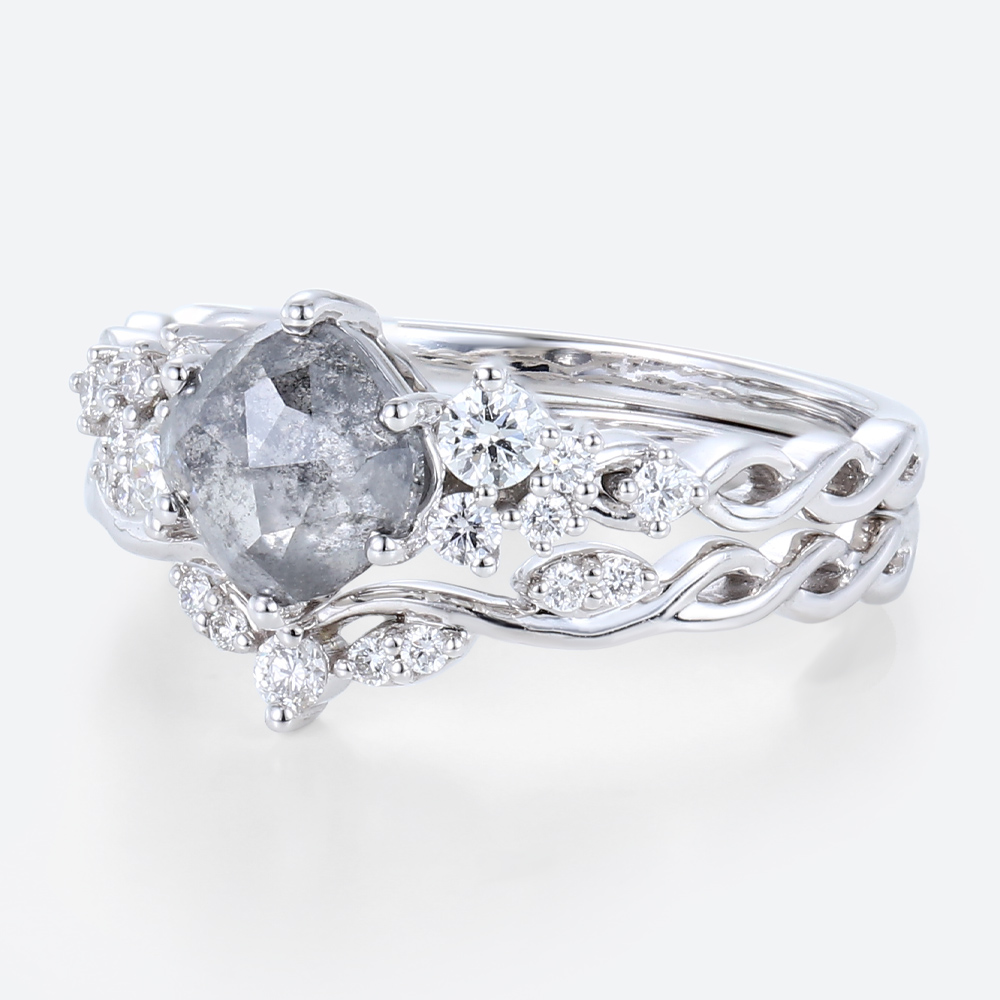 Cushion Cut Wedding Rings Salt and Pepper Diamonds Ring Set