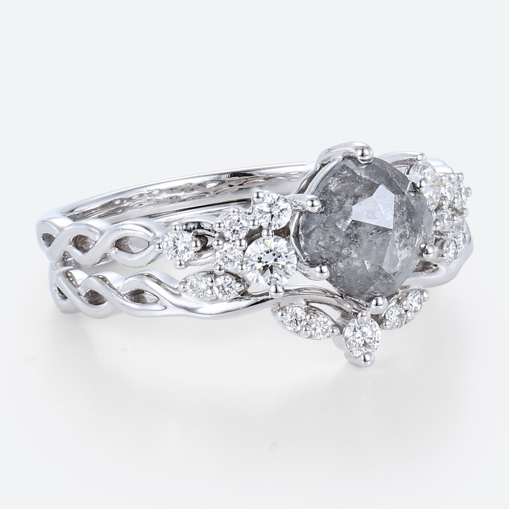 Cushion Cut Wedding Rings Salt and Pepper Diamonds Ring Set