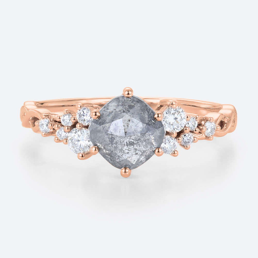 Rose Gold Cushion Cut Salt & Pepper Diamond Ring 1ct Cluster Promise Ring