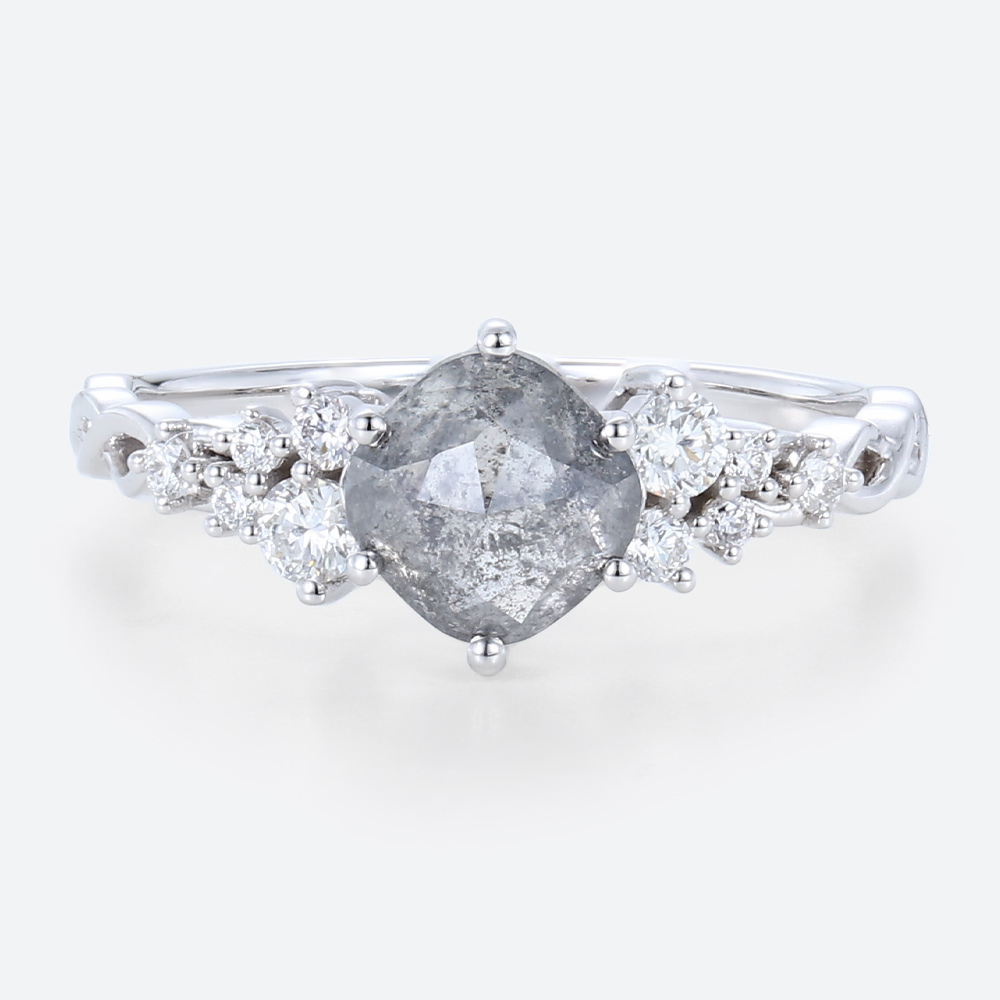 White Gold Cushion Cut Salt & Pepper Diamond Ring 1ct Cluster Promise Ring