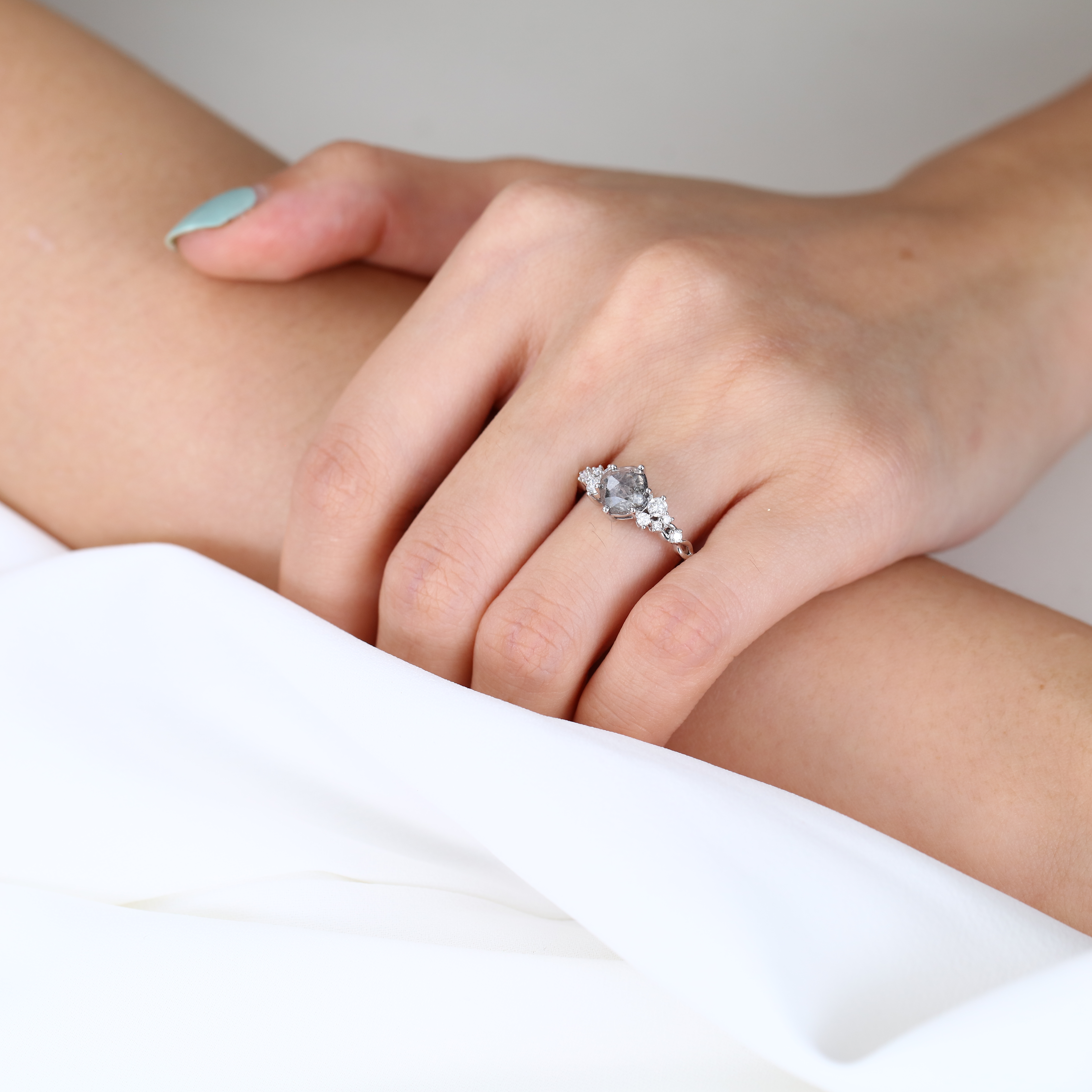 White Gold Cushion Cut Salt & Pepper Diamond Ring 1ct Cluster Promise Ring