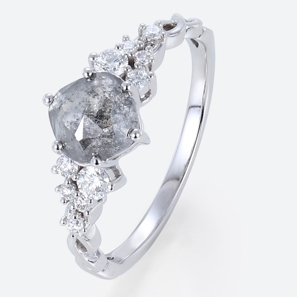 White Gold Cushion Cut Salt & Pepper Diamond Ring 1ct Cluster Promise Ring