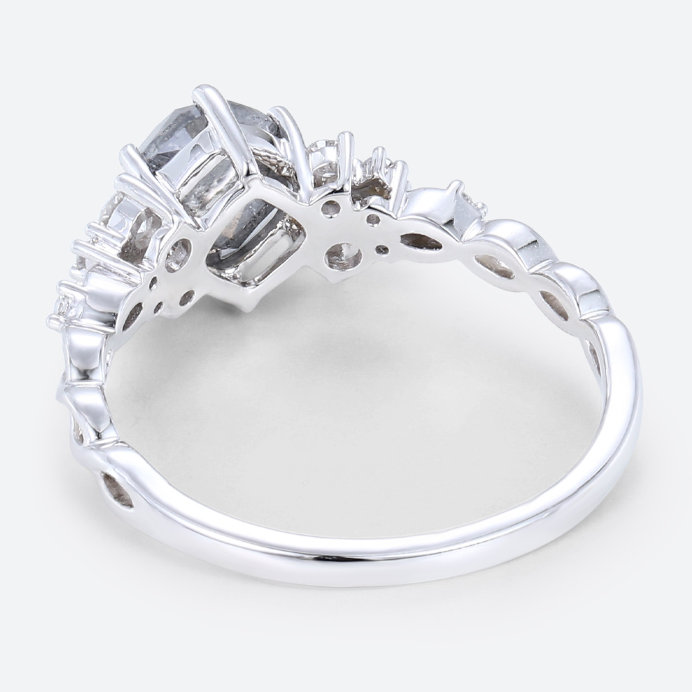 White Gold Cushion Cut Salt & Pepper Diamond Ring 1ct Cluster Promise Ring