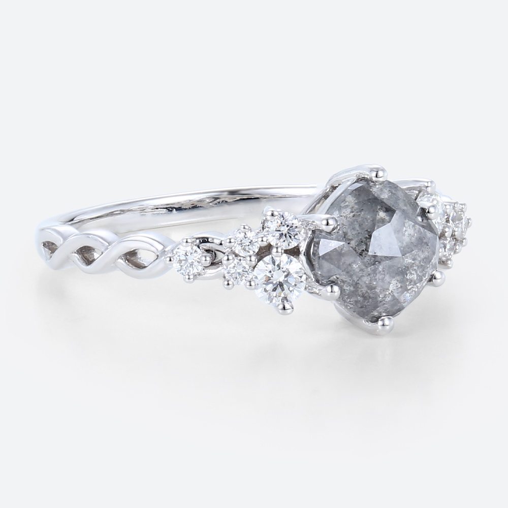 White Gold Cushion Cut Salt & Pepper Diamond Ring 1ct Cluster Promise Ring