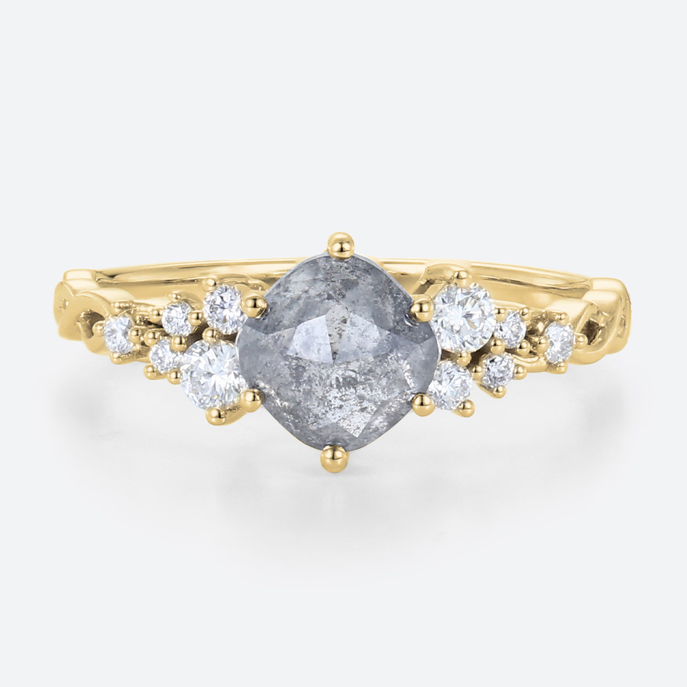 Yellow Gold Cushion Cut Salt & Pepper Diamond Ring 1ct Cluster Promise Ring