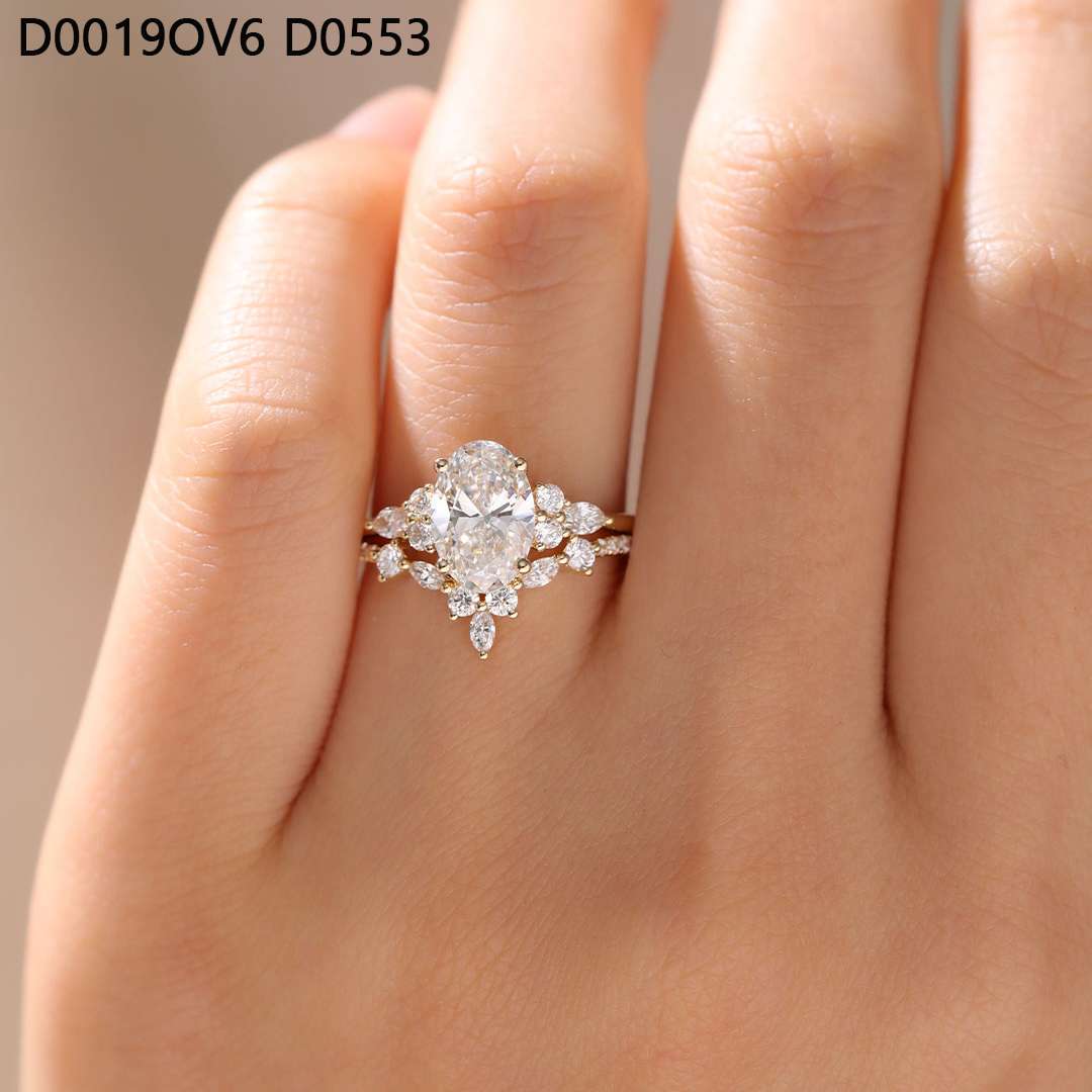 Yellow Gold Oval Lab Diamond Engagement Ring Set with Curved wedding Ring