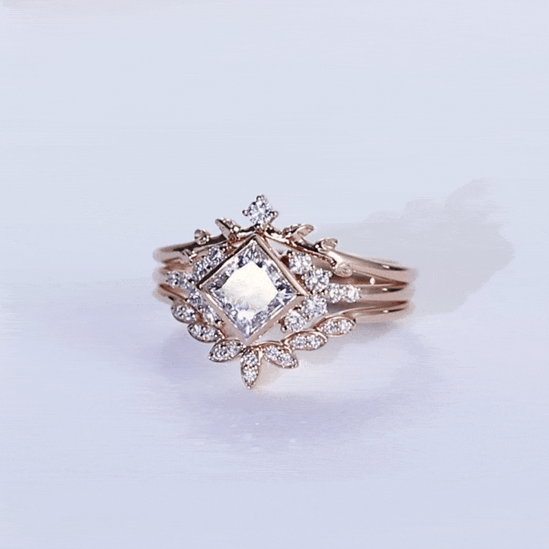 Rose Gold Princess Cut Lab Grown Diamond Leaf Wedding Ring Set