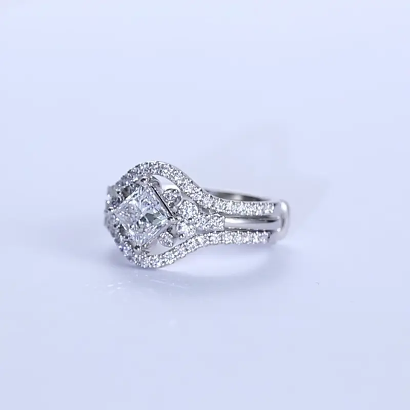 2PCS White Gold Princess Cut Lab Grown Diamond Ring Bridal Set