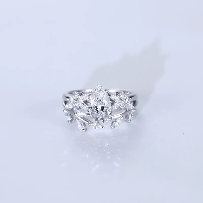 White Gold Pear Shaped Lab Diamond with Curved Wedding Bands Set