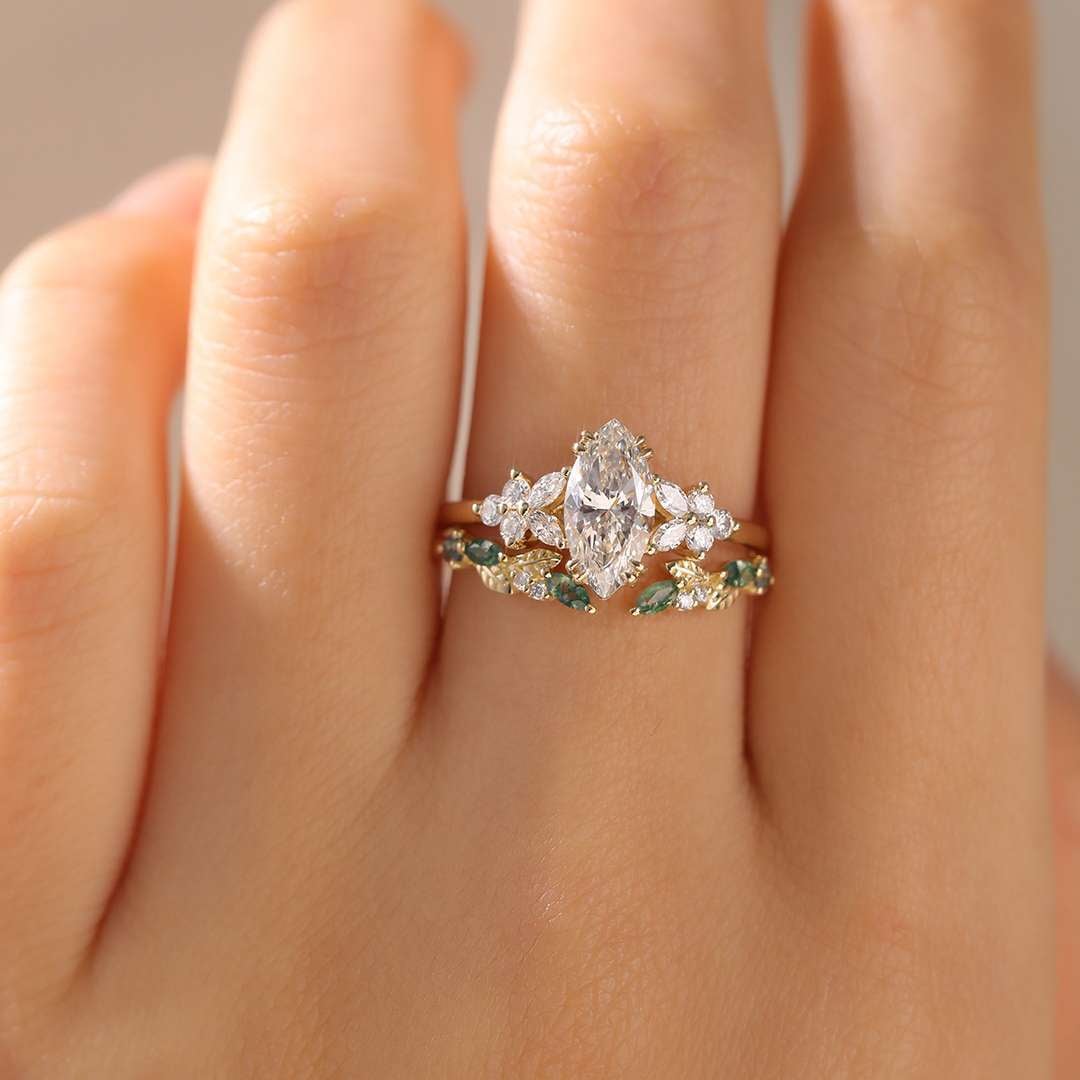 Diamond Bridal Ring Sets Marquise Lab Diamond Ring with Wedding Band