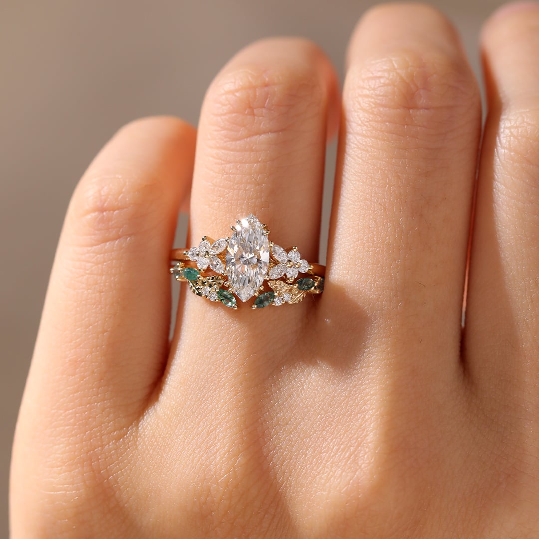 Diamond Bridal Ring Sets​ Marquise Lab Diamond Ring with Wedding Band