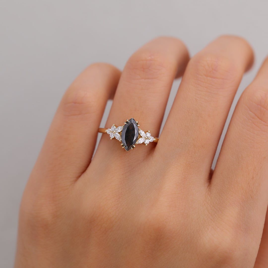 1ct Colorless VS+ Marquise Cut Lab Grown Diamond Petal Side Stones Double Claw Prong Engagement Ring in Yellow Gold