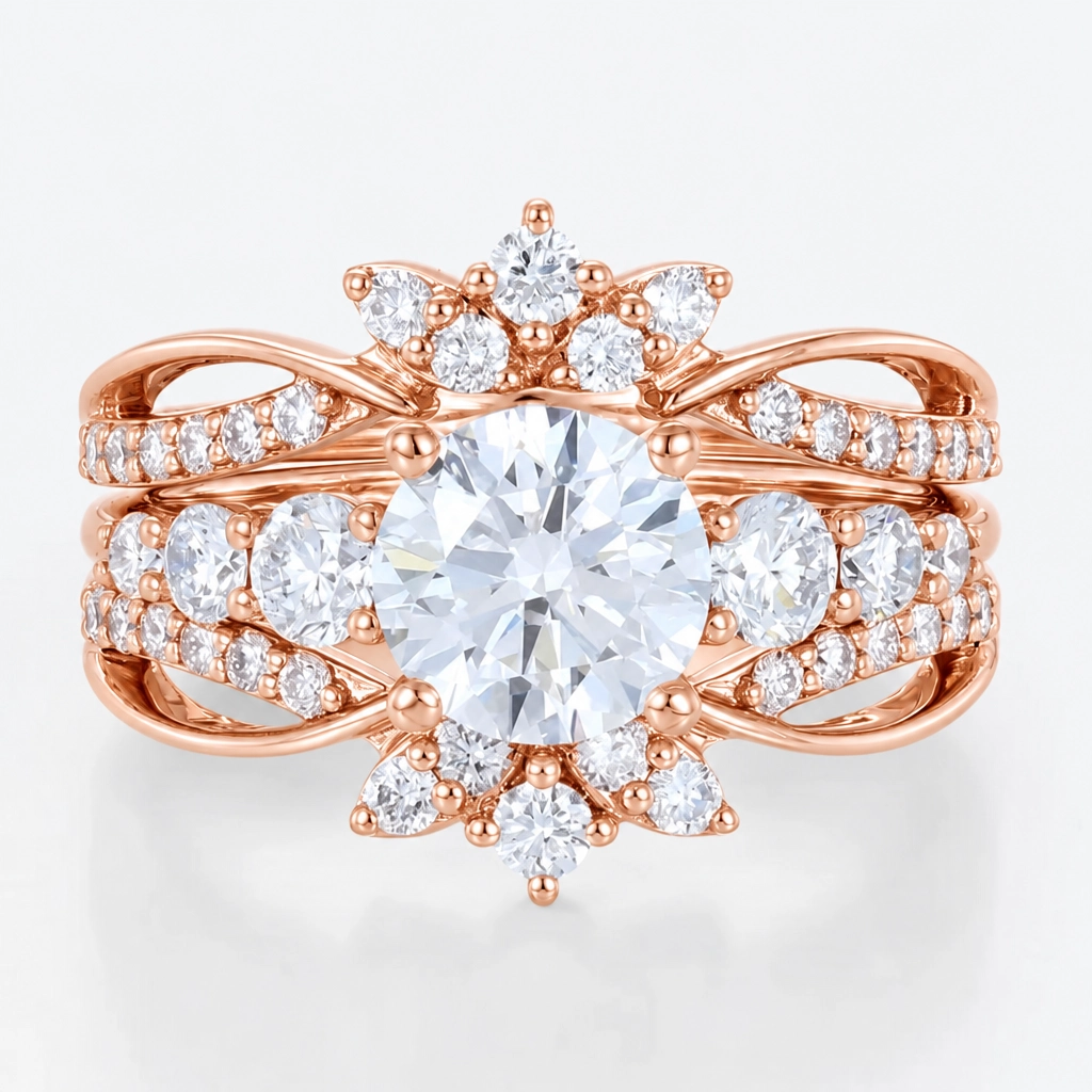 1ct Round Cut Lab Grown Diamond Graduated Side-Stone Bridal Ring Set in White Gold