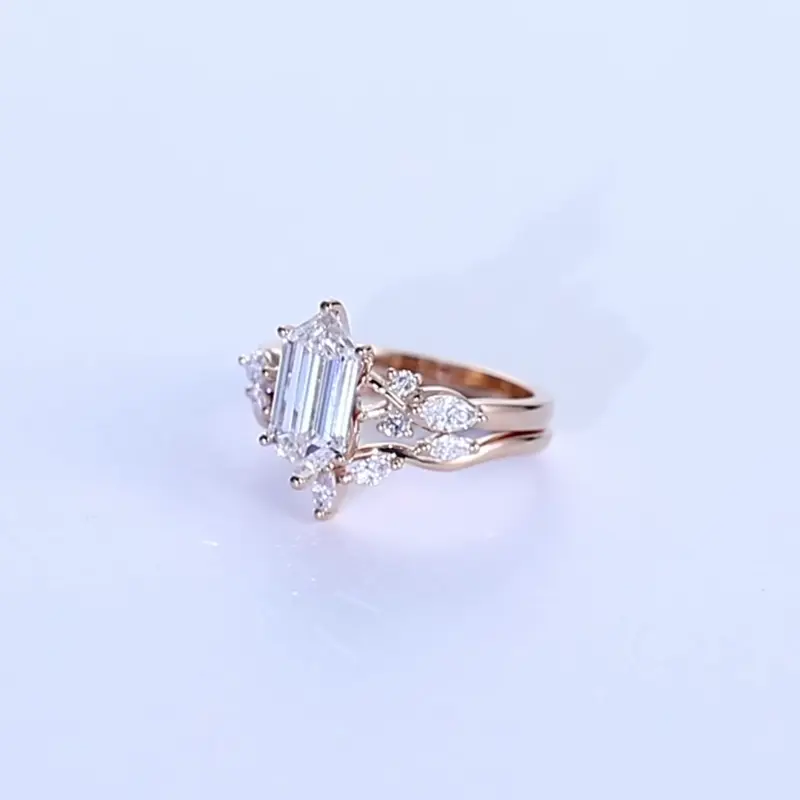 Rose Gold Elongated Hexagon Cut Lab Grown Diamond Engagement Ring Set