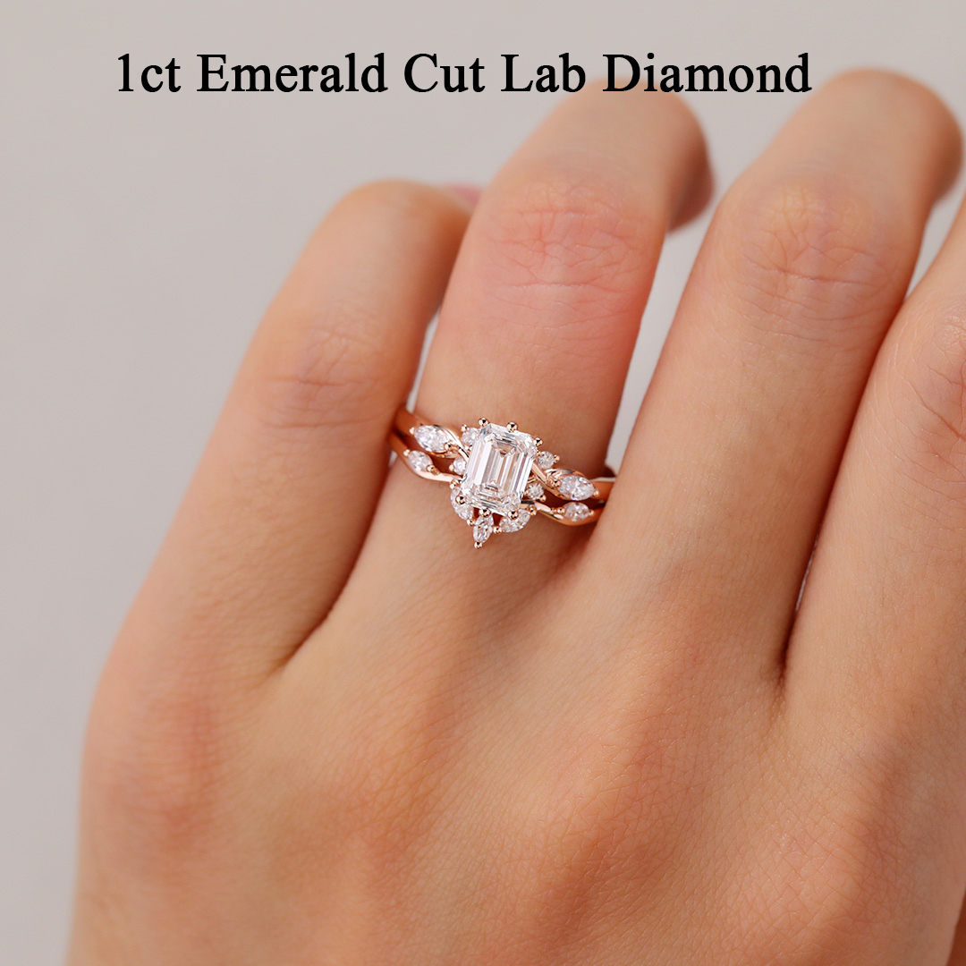 Rose Gold 1CT Emerald Cut Lab Diamond Engagement Ring Set