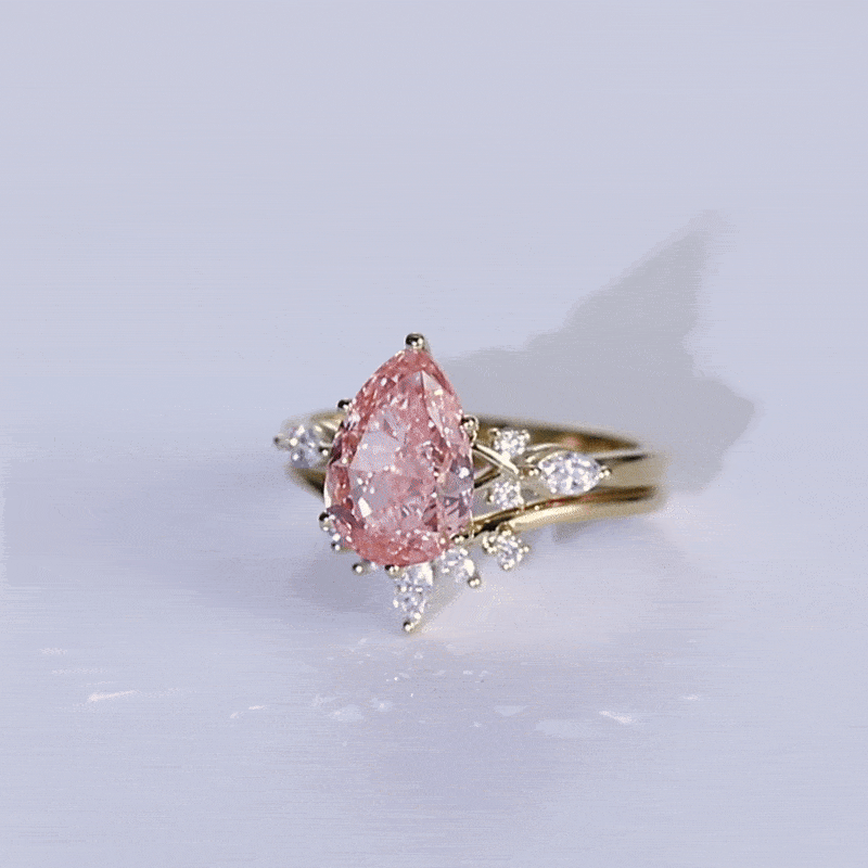 3ct Pink Diamond Engagement Rings​ Set 3ct Pear 4-Prong Bridal Ring in Yellow Gold