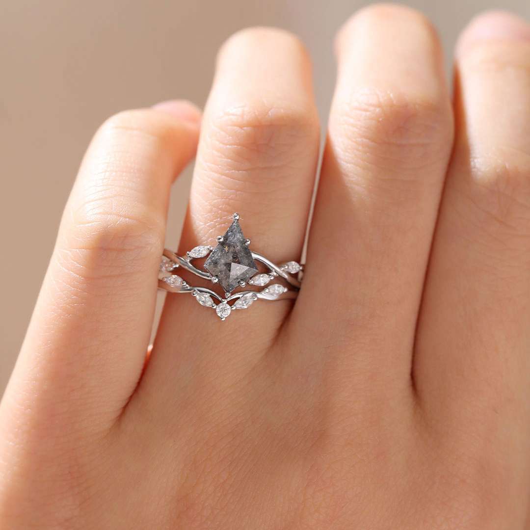 Kite Cut Salt & Pepper Diamond Engagement Ring Vintage Bridal Rings Set in white gold