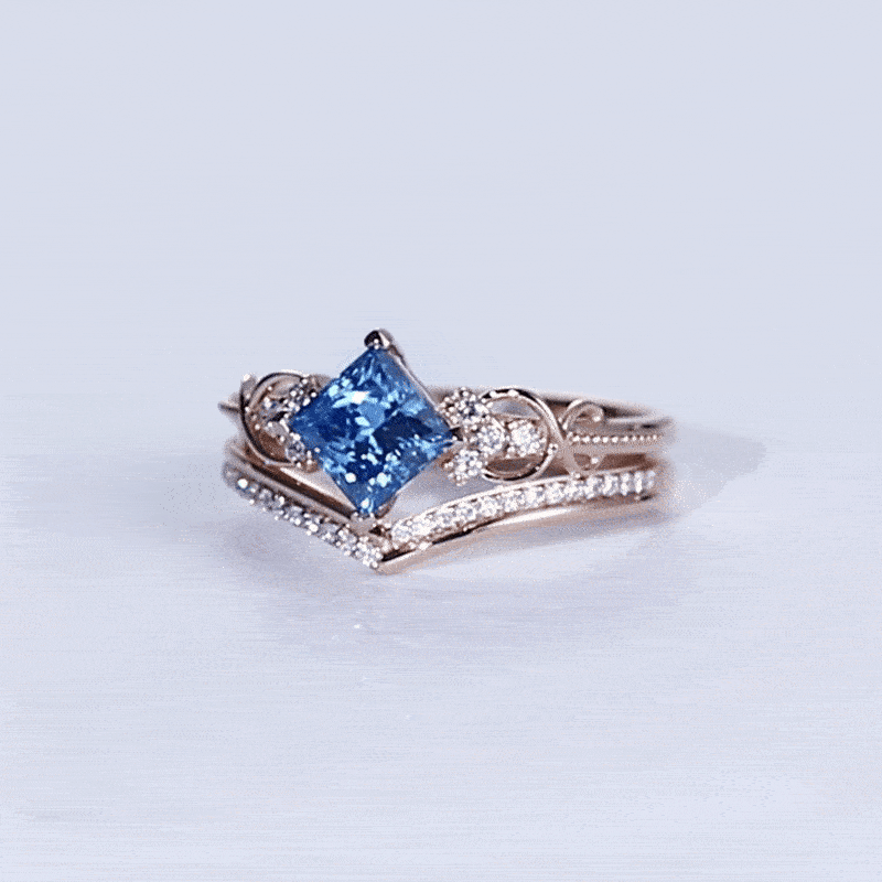 Lab Blue Diamond Rings​ Set 1ct Fancy Blue Princess Cut Infinity Ring in Rose Gold