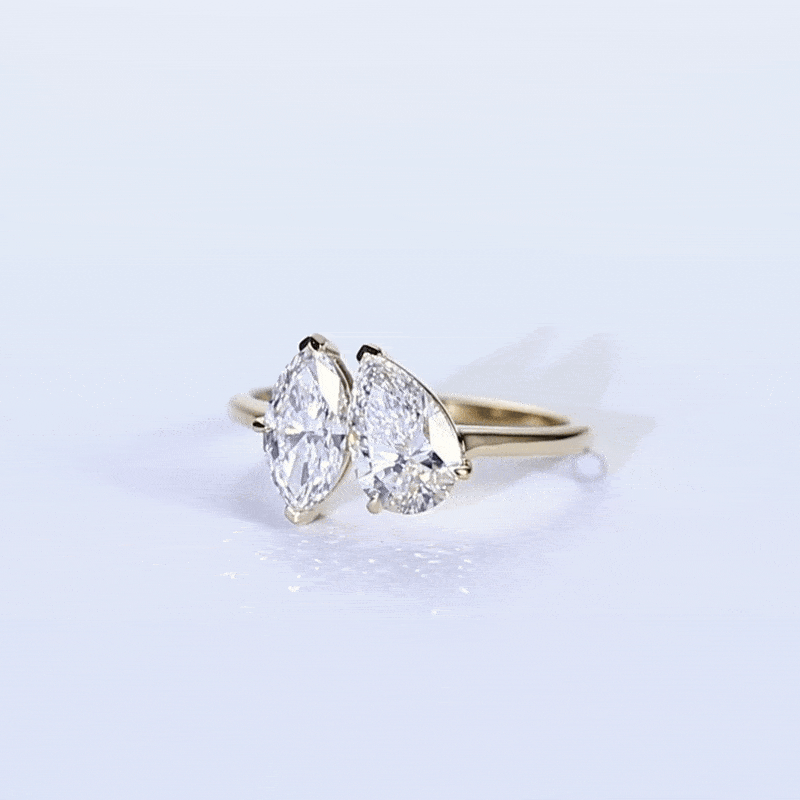 2.5ct Colorless VS+ Pear & Marquise Cut Lab Grown Diamond Twin Stone 5 Claw Prong Engagement Promise Ring in Yellow Gold