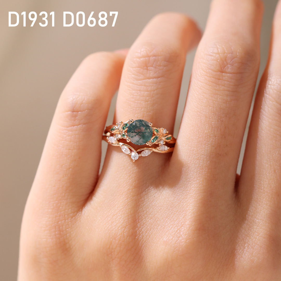 Round Cut Moss Agate Cluster Engagement Ring Intricate Leaf Bridal Ring