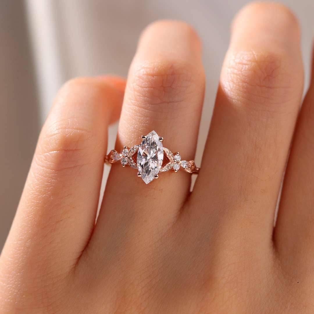 Marquise Cut Lab Grown Diamond Vintage Engagement Ring Vine Bridal Ring in rose gold