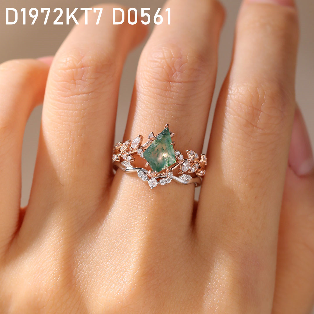 Agate Moss Engagement Ring Gold Kite Cut Nature Inspired Rings