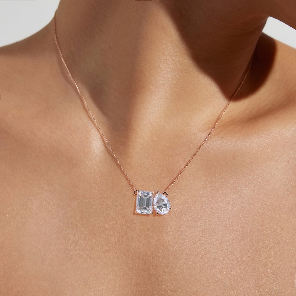 Toi Et Moi Emerald &amp; Pear Cut Lab Diamond Necklace Two Stone Pendant Necklace