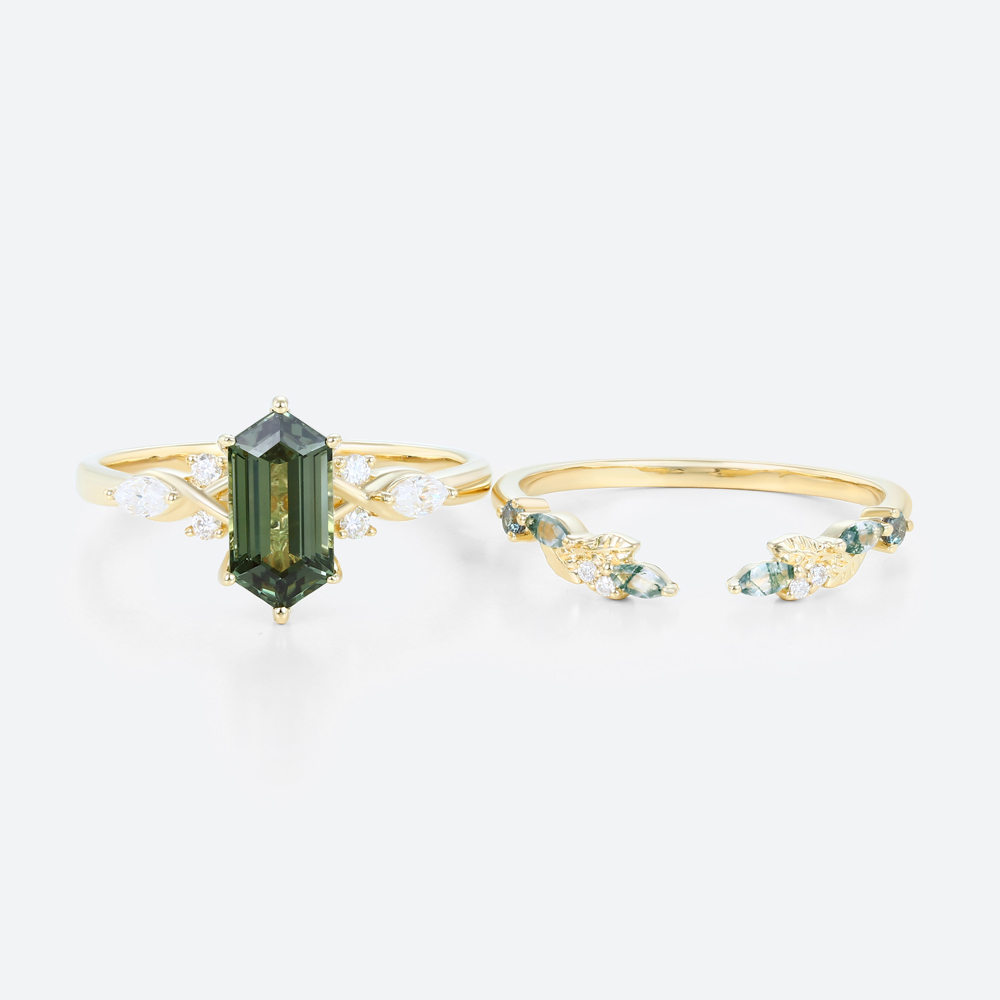 Elongated Hexagon Cut Green Sapphire Engagement Ring Set with Nature-Inspired Band in Yellow Gold