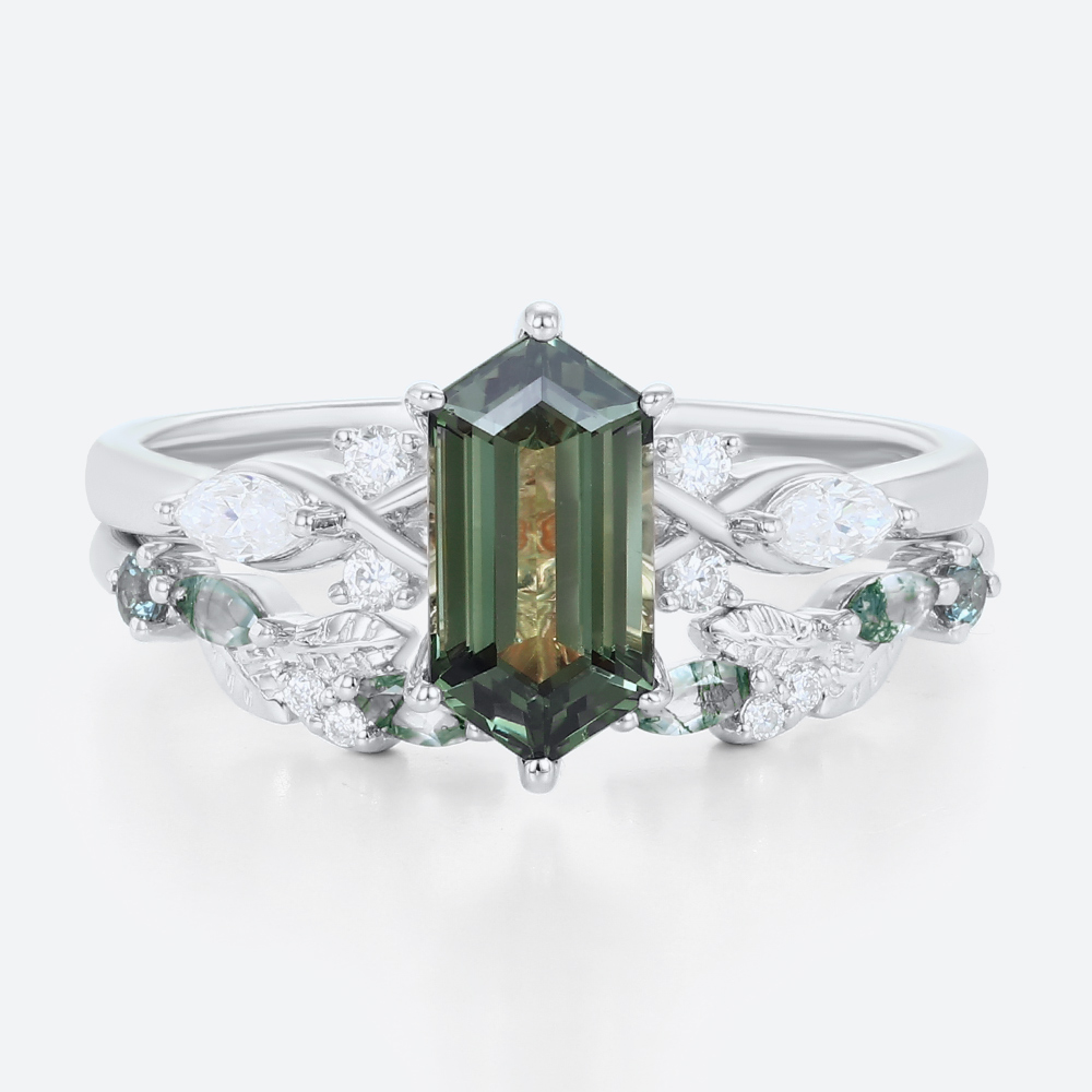 Elongated Hexagon Cut Green Sapphire Engagement Ring Set with Nature-Inspired Band in White Gold