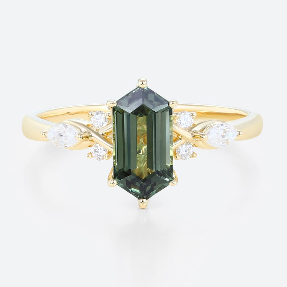 1.4ct Elongated Hexagon Cut Modern Green Sapphire Engagement Ring in Yellow Gold