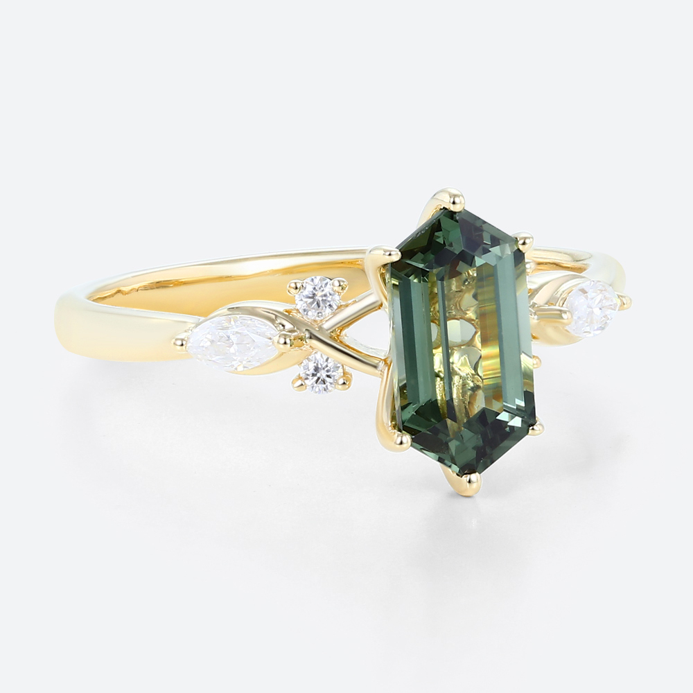1.4ct Elongated Hexagon Cut Modern Green Sapphire Engagement Ring in Yellow Gold
