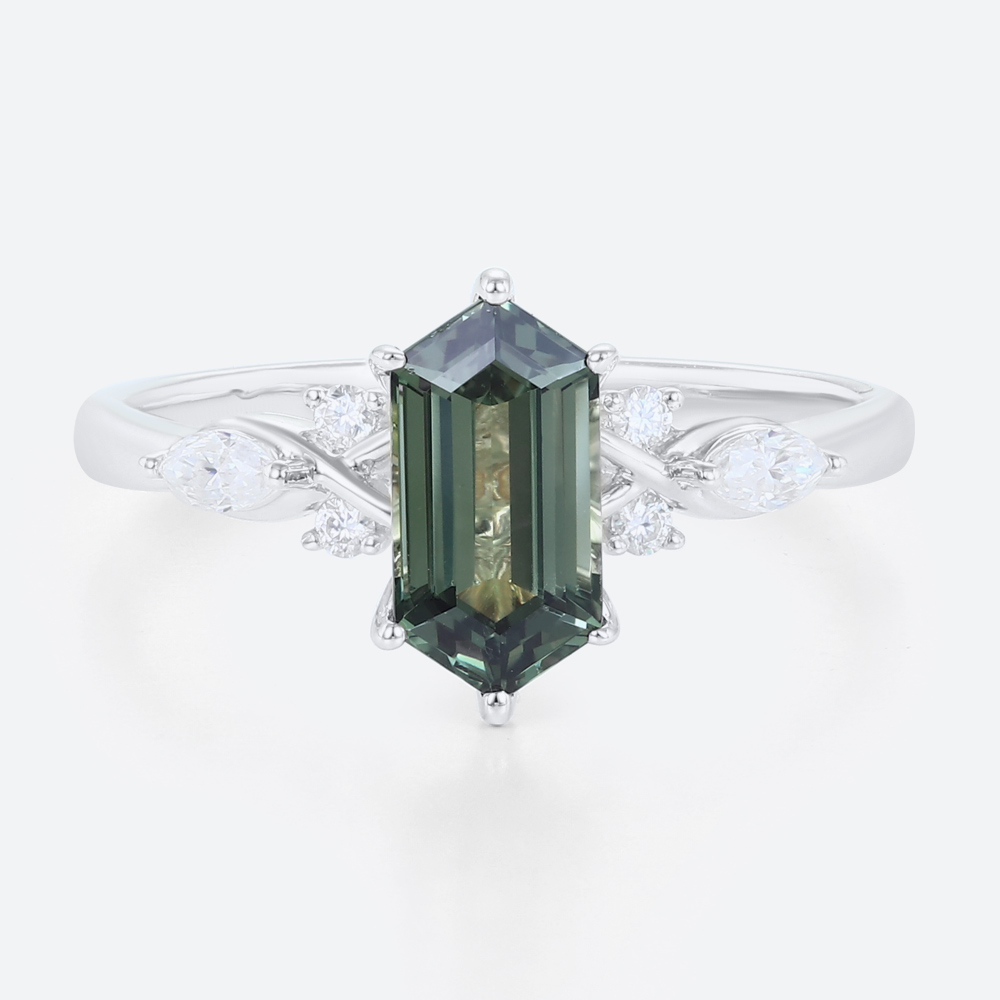 1.4ct Elongated Hexagon Cut Modern Green Sapphire Engagement Ring in White Gold