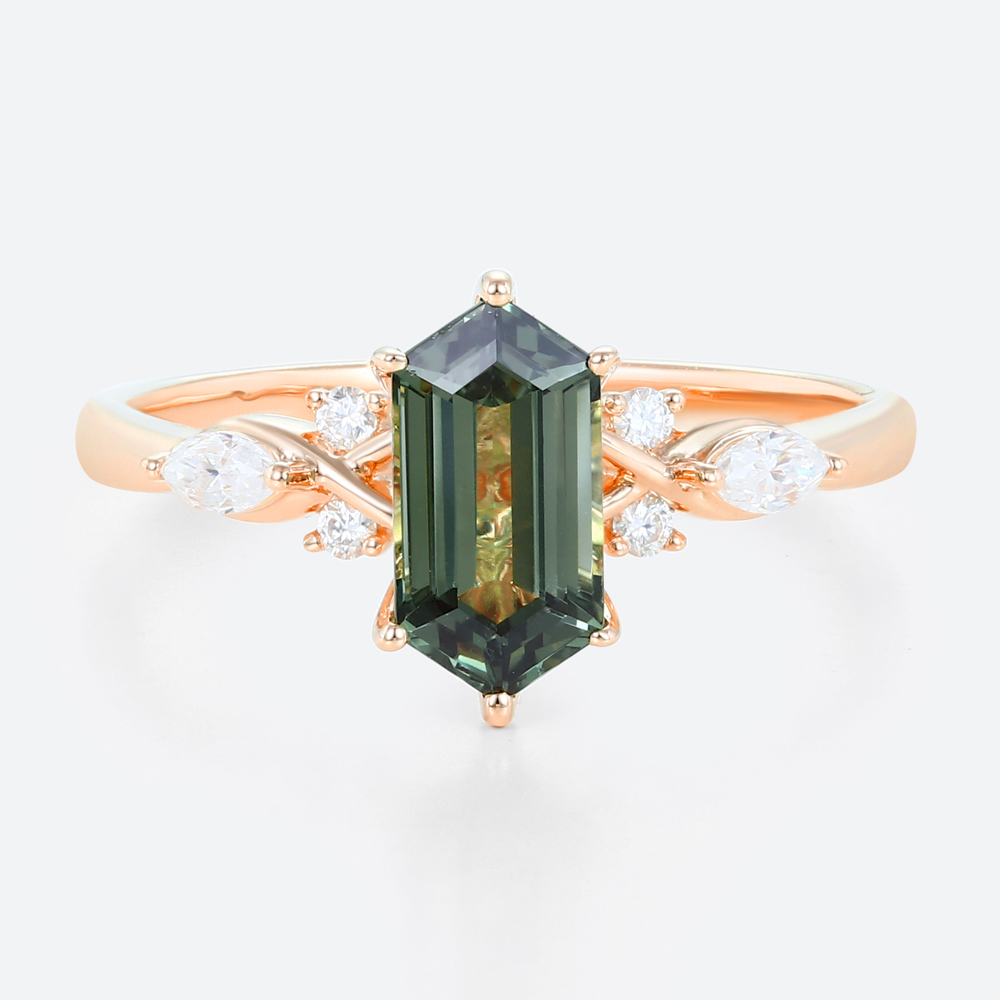 1.4ct Elongated Hexagon Cut Modern Green Sapphire Engagement Ring in Rose Gold
