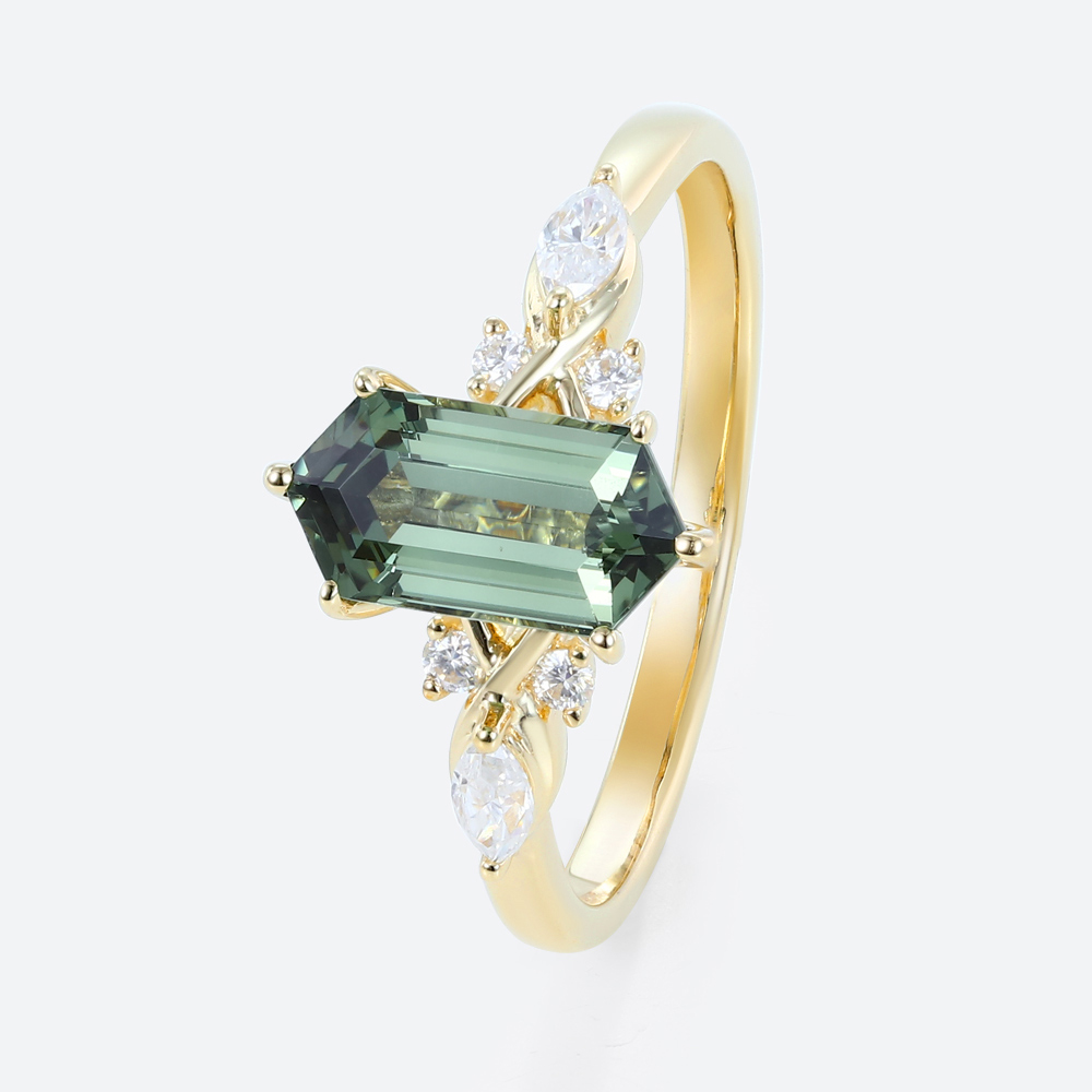 1.4ct Elongated Hexagon Cut Modern Green Sapphire Engagement Ring in Yellow Gold