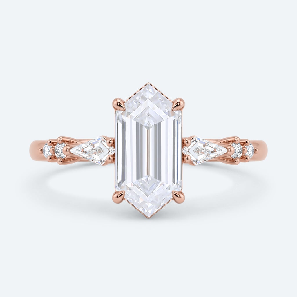 Elongated Hexagon Cut Lab Grown Diamond Modern Side Stone 4-Prong Engagement Ring in Rose Gold (1)