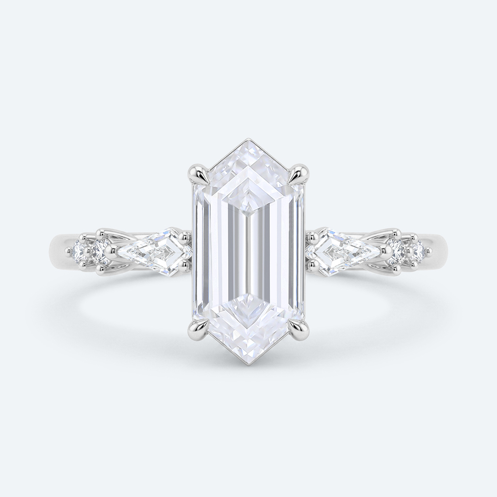Elongated Hexagon Cut Lab Grown Diamond Modern Side Stone 4-Prong Engagement Ring in Rose Gold (2)