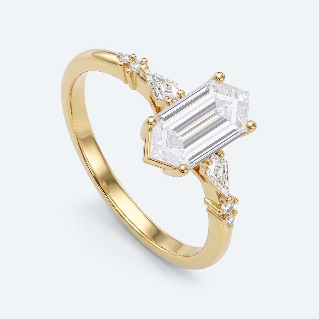 Elongated Hexagon Cut Lab Grown Diamond Modern Side Stone 4-Prong Engagement Ring in Rose Gold (7)