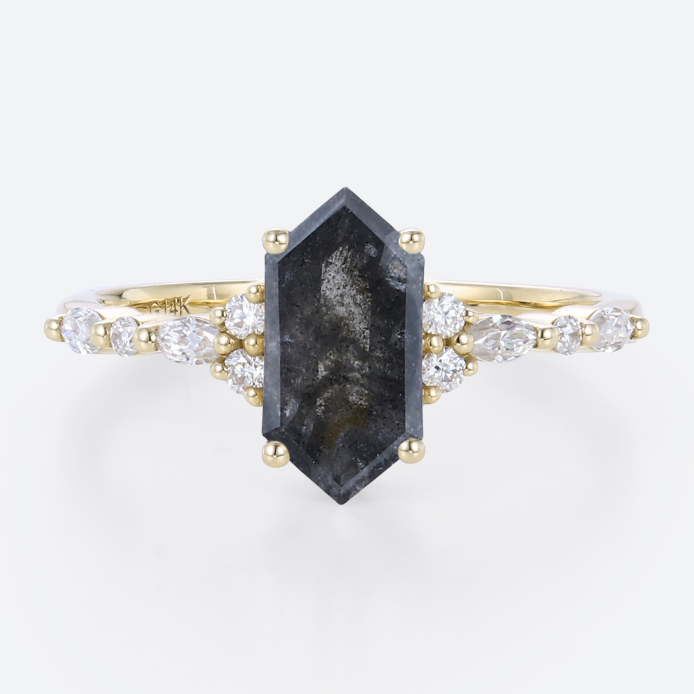 Elongated Hexagon Cut Salt and Pepper Diamond Engagement Ring 1.3ct Vintage Bridal Rings Elongated Hexagon Cut Salt and Pepper Diamond Engagement Ring 1.3ct Vintage Bridal Rings