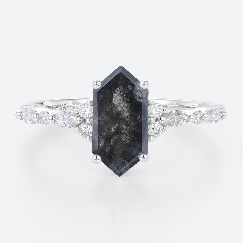 Elongated Hexagon Cut Salt and Pepper Diamond Engagement Ring 1.3ct Vintage Bridal Rings Elongated Hexagon Cut Salt and Pepper Diamond Engagement Ring 1.3ct Vintage Bridal Rings