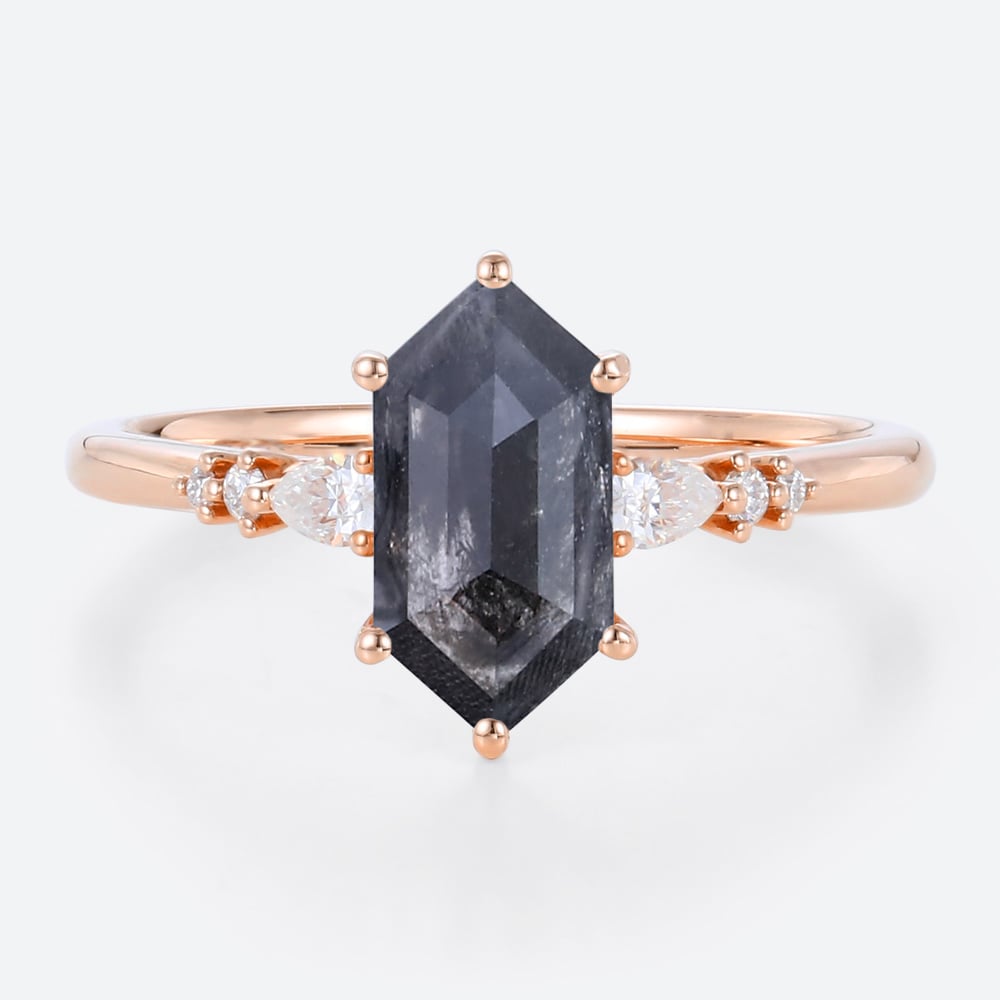 Rose Gold 1.3ct Elongated Hexagon Cut Salt and Pepper Diamond Ring​ Pear lab Diamond Side Stone Ring
