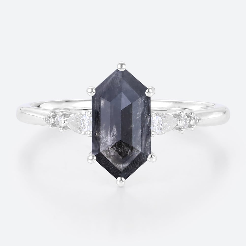 White Gold 1.3ct Elongated Hexagon Cut Salt and Pepper Diamond Ring​ Pear lab Diamond Side Stone Ring