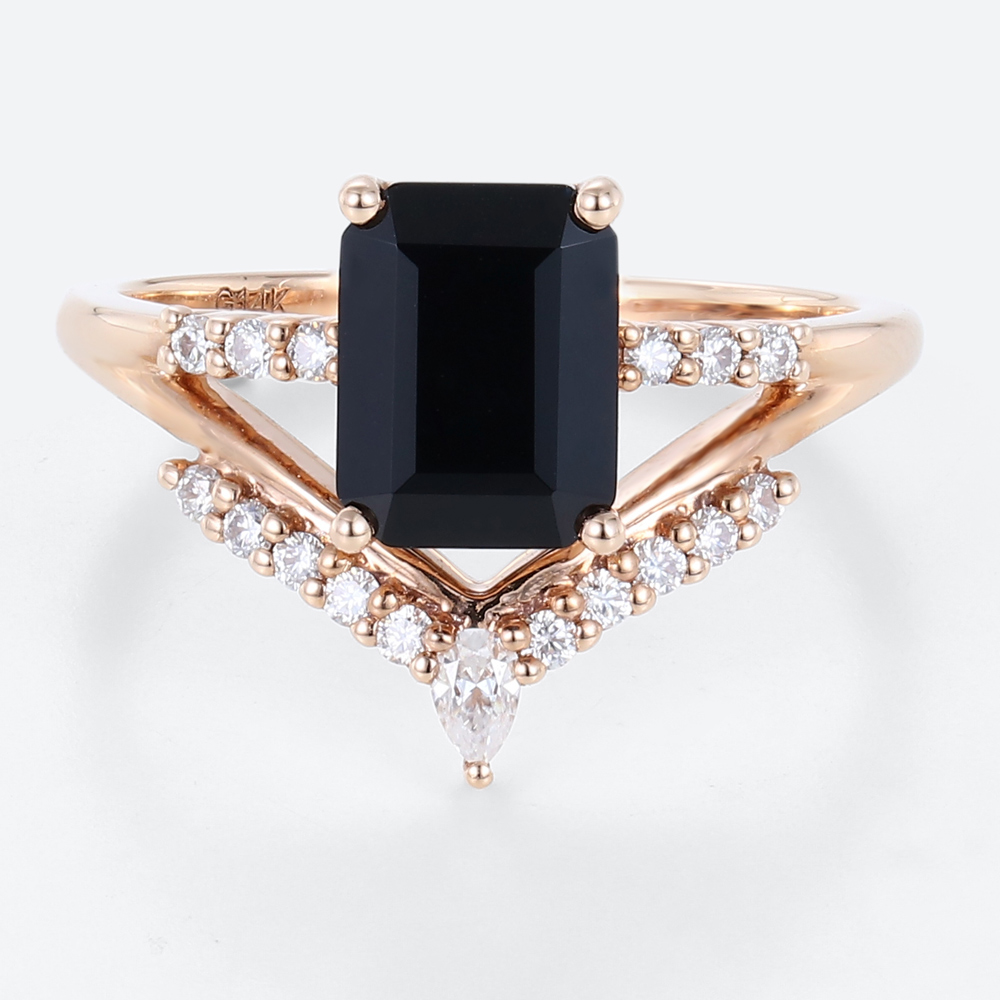 Black Onyx Rings for Ladies Rose Gold Emerald Cut Wedding Band